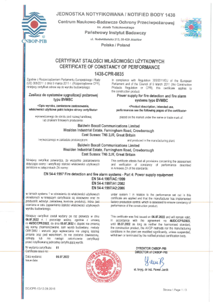 BVMBC Power Supply EN54-4 certificate