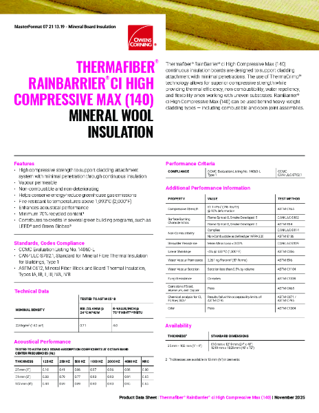 Thermafiber RainBarrier CI High Compressive Max (140) Mineral Wool Insulation Data Sheet