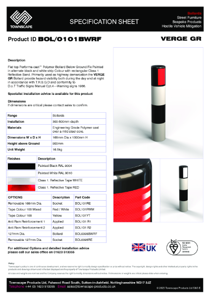 Townscape Verge GR Polymer Bollard Specification Sheet