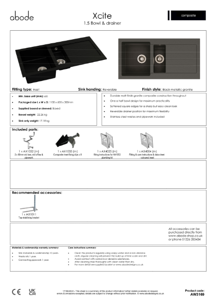 AW3169. Xcite Granite Inset Sink, 1.5 Bowl (Black Metallic) -  Consumer Spec