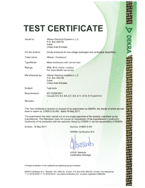 IP66 Metal Enclosed Switches Test Certificate