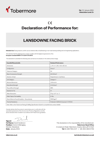 Lansdowne Facing Brick Tobermore CE Declaration of performance January 2024