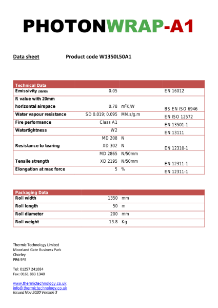 PhotonWrap-A1 (non-combustible) Technical Datasheet