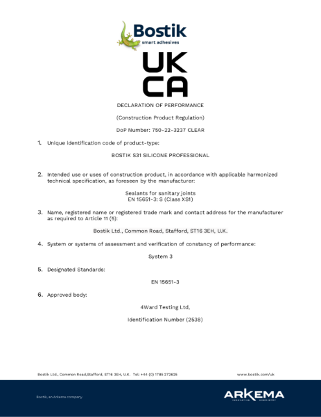 Bostik S31 (Clear) UKCA Declaration of Performance
