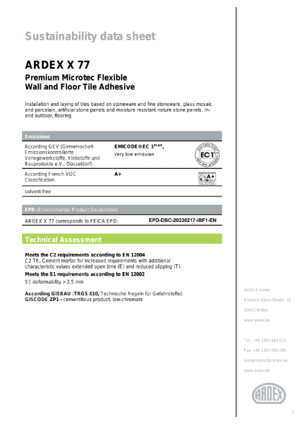 ARDEX X 77 Sustainability Data Sheet