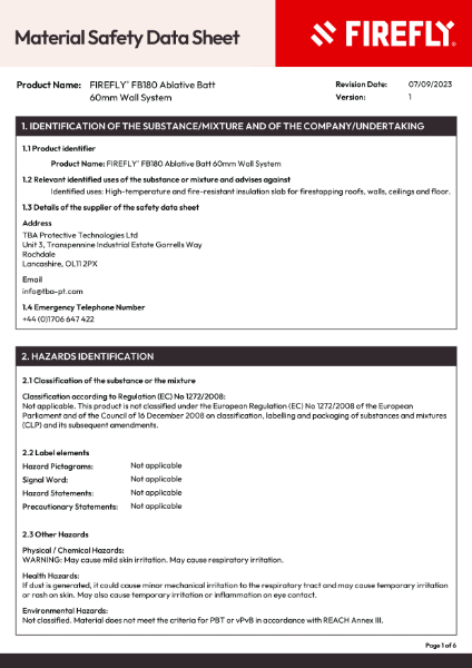 FIREFLY MSDS - FB180 Ablative Batt 60mm Wall System