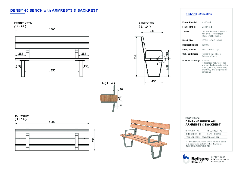 Denby Bench Armrest and Backrest Datasheet