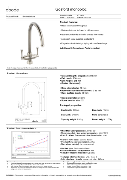 Gosford Monobloc Brushed Nickel (AT1020) Consumer Specification