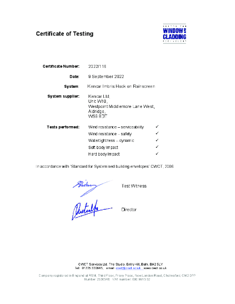 Imbris Hook on Rainscreen CWCT - Certificate of Testing (in accordance with ‘Standard for Systemised building envelopes’ CWCT, 2006)