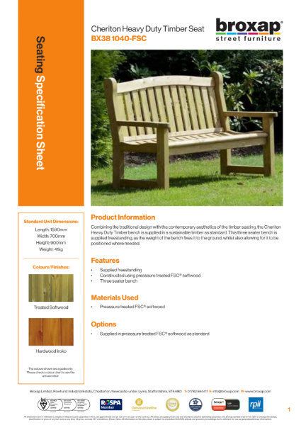 The Cheriton Heavy Duty Timber Bench Specification Sheet