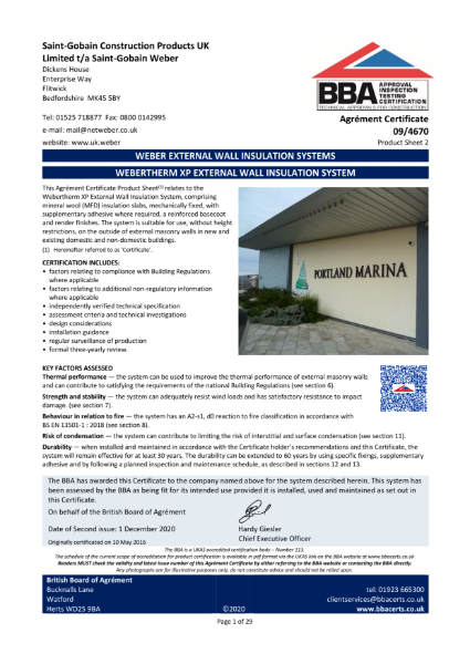 BBA Agrément Certificate (09/4670) Product Sheet 2 (webertherm XP with MFD insulation)