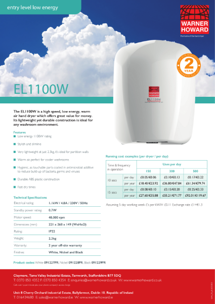 EL1100W Low Energy Hand Dryer