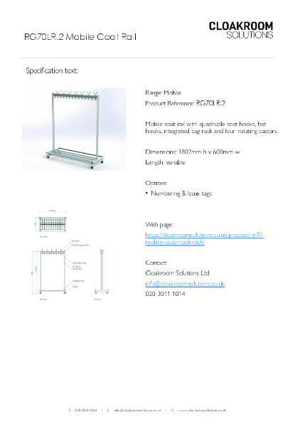 RG70x28.2 Mobile Coat Hook Rail & Bag Rack Specification Text