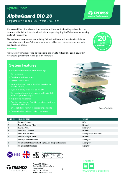 Tremco Roofing - AlphaGuard BIO 20 System Sheet