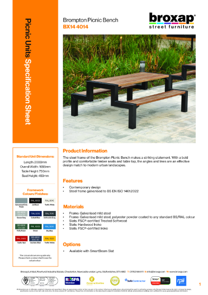 Brompton Smart Picnic Bench Specification Sheet