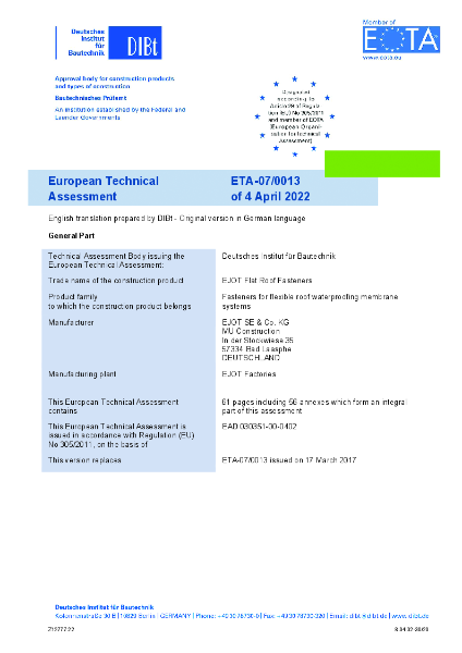 EJOT ETA 07/0013 Fasteners for Flexible Roof Waterproofing Membrane 