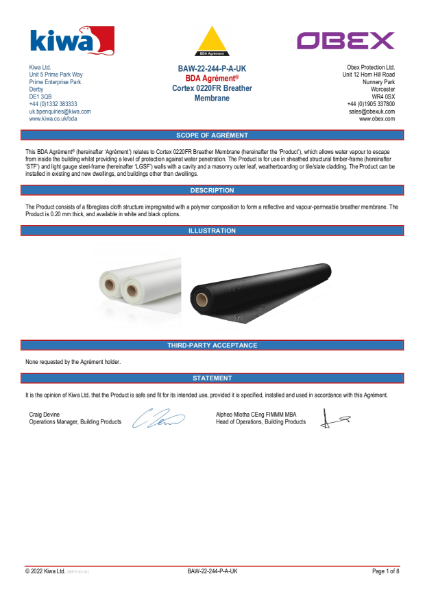 Cortex 0220FR BLACK KIWA BDA Agrement Certificate