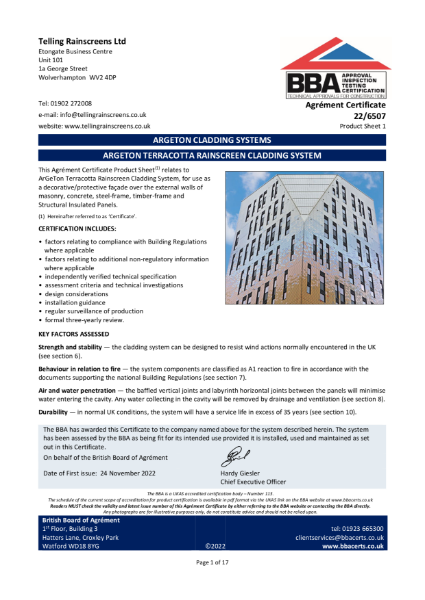 BBA Certificate - Argeton Terracotta Rainscreens