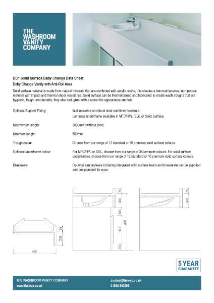 Solid Surface Baby Change Top With Upstands - BC1