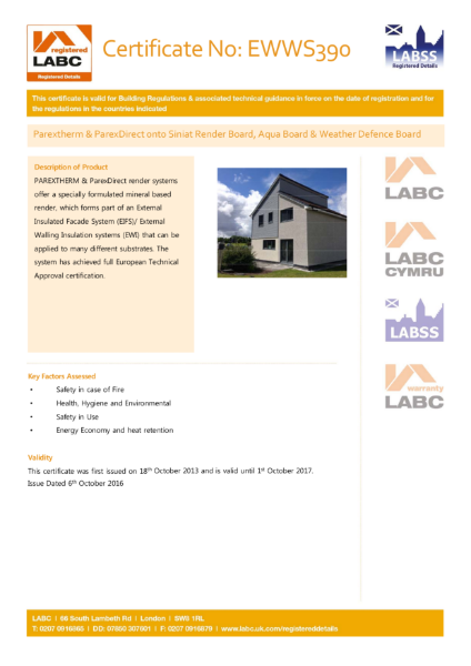 LABC Certificate (ParexTherm & ParexDirect onto Siniat Board)