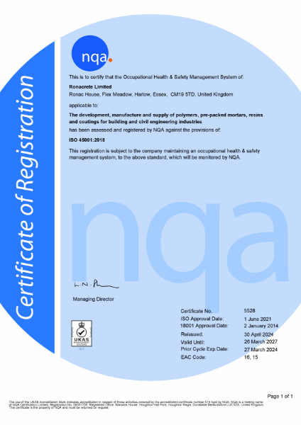 Ronacrete ISO 45001 certificate