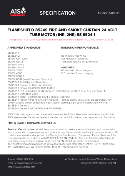 A1S Flameshield 8524 Fire Curtain - Single With Smoke Seals