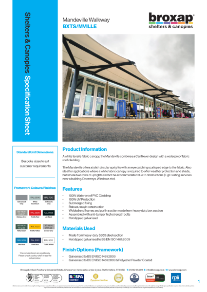 Mandeville Canopy Specification Sheet