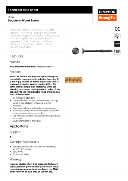SDW Structural Wood Screw Technical Data Sheet