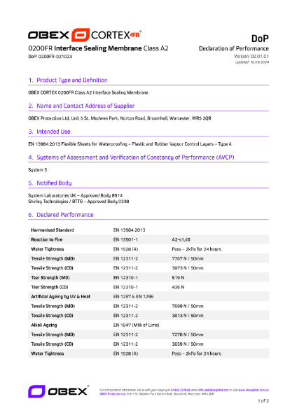 OBEX CORTEX 0200FR Class A2 ISM - DoP