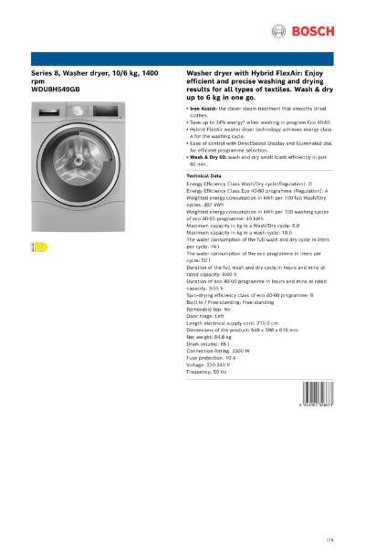 Series 8, Washer dryer, 10/6 kg, 1400
rpm
WDU8H549GB