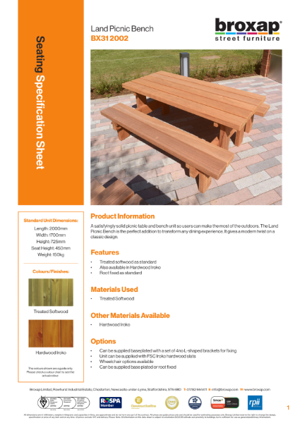 Land Picnic Bench Specification Sheet