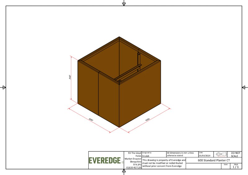 EverEdge Standard 600mm Cor-Ten Planter CAD drawing