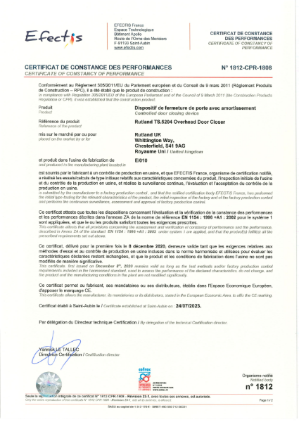 TS.5204 - BS EN 1154 - CE - Certificate of Constancy of Performance - Efectis