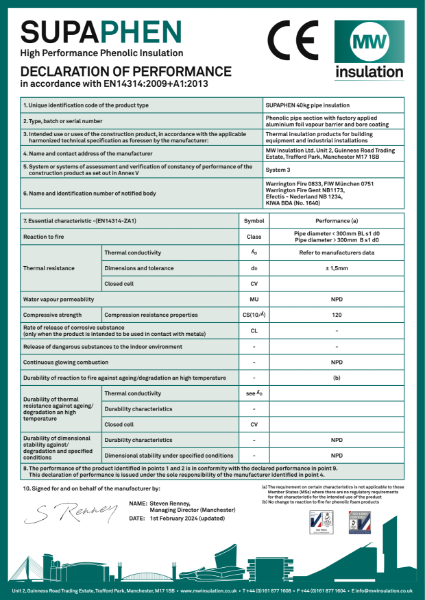 MWI Supaphen Phenolic Insulation - Declaration of Performance