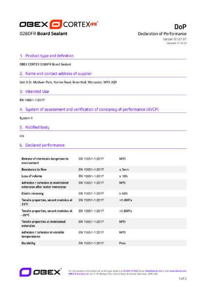 OBEX CORTEX 0280FR Board Sealant - DoP