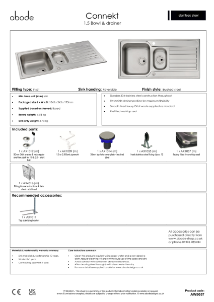 Connekt, Stainless Steel Sink - One and a Half Bowl with Drainer. Consumer Specification
