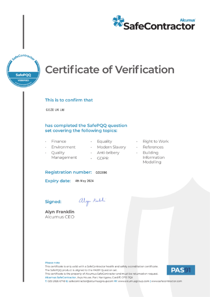 SafeContractor Certificate of Verification