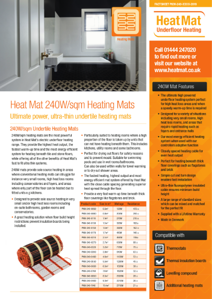 240W Underfloor Heating Mat Datasheet