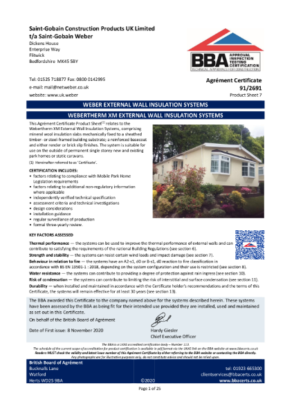 BBA Agrément Certificate (91/2691) Product Sheet 7 (webertherm XM with ...