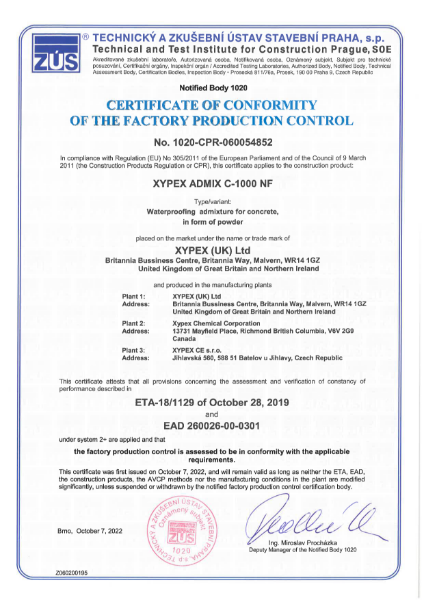 Certificate of Conformity of Factory Production Control