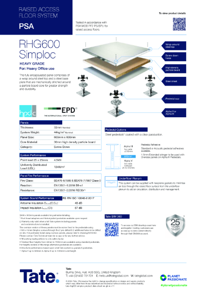 Tate RHG600 Simploc Raised Access Flooring Datasheet