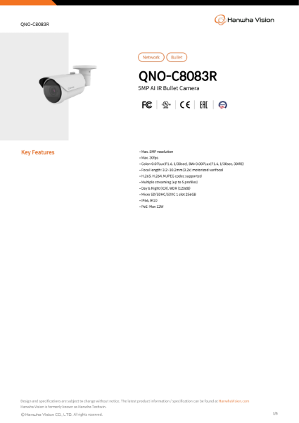 CCTV camera 5MP IR AI Bullet (QNO-C8083R) data sheet