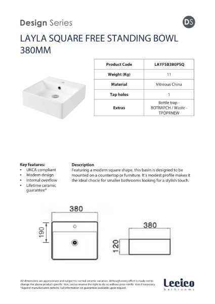 Layla Square Free Standing Bowl 380mm