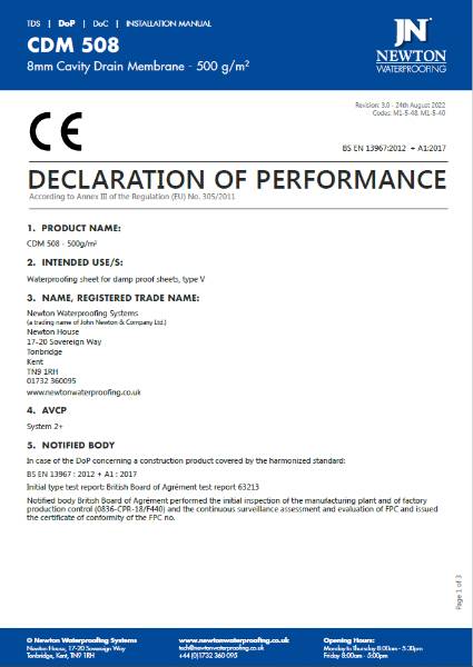 CDM 508 500g/m2 Membrane Declaration Of Performance