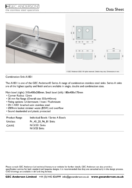 GEC Anderson Data Sheet - Series A sink: A1831