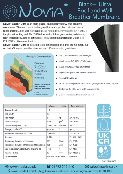 Novia Black + Ultra Roof & wall Breather Membrane Datasheet