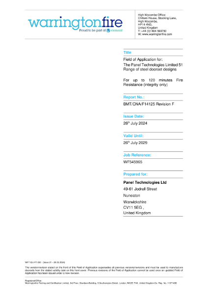 R51 FIRE CERTIFICATE 2 HOUR (WF503796) UP TO 2400X900mm IN A WALL (TEST FROM BOTH SIDES)