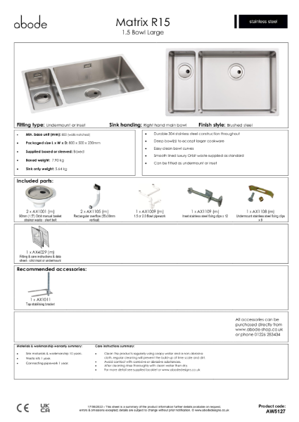 AW5127. Matrix R15 Stainless Steel Sink, One and a Half Large Bowl (LH Main) - Consumer Specification