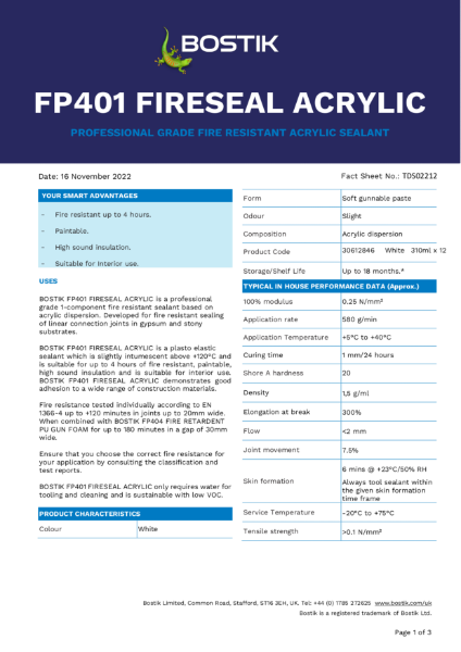 Bostik Professional FP401 Fireseal Acrylic TDS