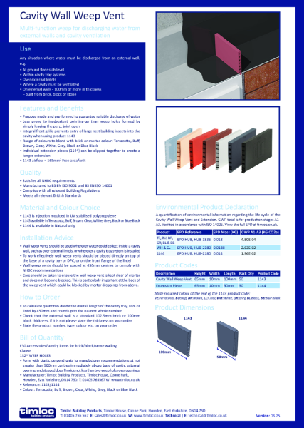 Cavity Wall Weep Vent Datasheet